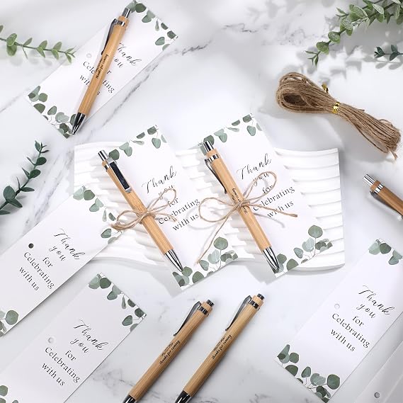 Yeaqee 104 Pcs Wedding Thank You Gifts Include 50 Wedding Bamboo Retractable Ballpoint Pens Wooden Black Ink Bridal Shower Pens 50 Greenery Bookmark Cards and 4 Twines for Party Favor Supplies