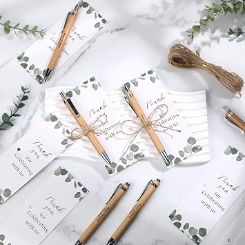Yeaqee 104 Pcs Wedding Thank You Gifts Include 50 Wedding Bamboo Retractable Ballpoint Pens Wooden Black Ink Bridal Shower Pens 50 Greenery Bookmark Cards and 4 Twines for Party Favor Supplies
