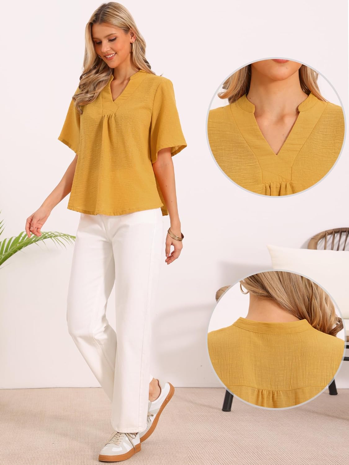 Allegra K Short Sleeve Blouses for Women's V Neck Dressy Casual Solid Tops - Image 2