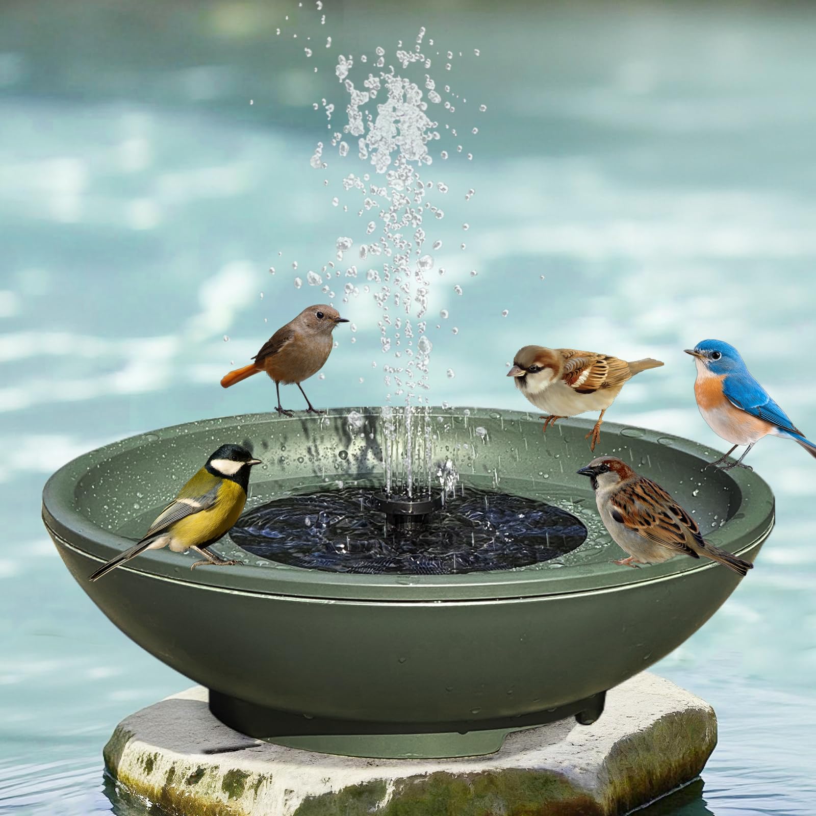 Fontaine à eau solaire oiseaux avec bol de jeu autoportant 10,2 cm