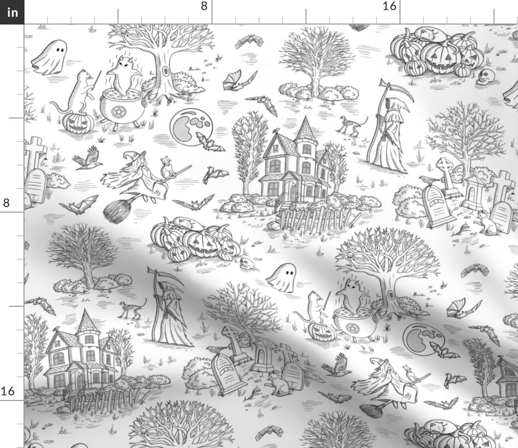 Spoonflower Fabric - Ghosts Haunted House Jack O Lantern Pumpkins Graveyard Halloween Toile Printed on Petal Cotton Fabric Fat Quarter - Sewing Quilting Apparel Crafts Decor