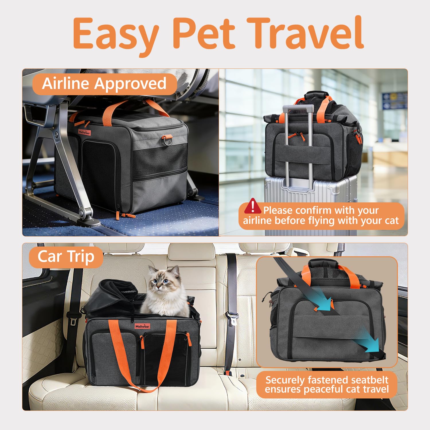 Meowker Cat Pet Carrier Soft Sided Bag Airline Approved, Foldable Travel Large Carrier for Small Kittens Medium Cats Up to 13 Lbs, Expandable Carrying Case for Car, Comfortable for Transport - image 5