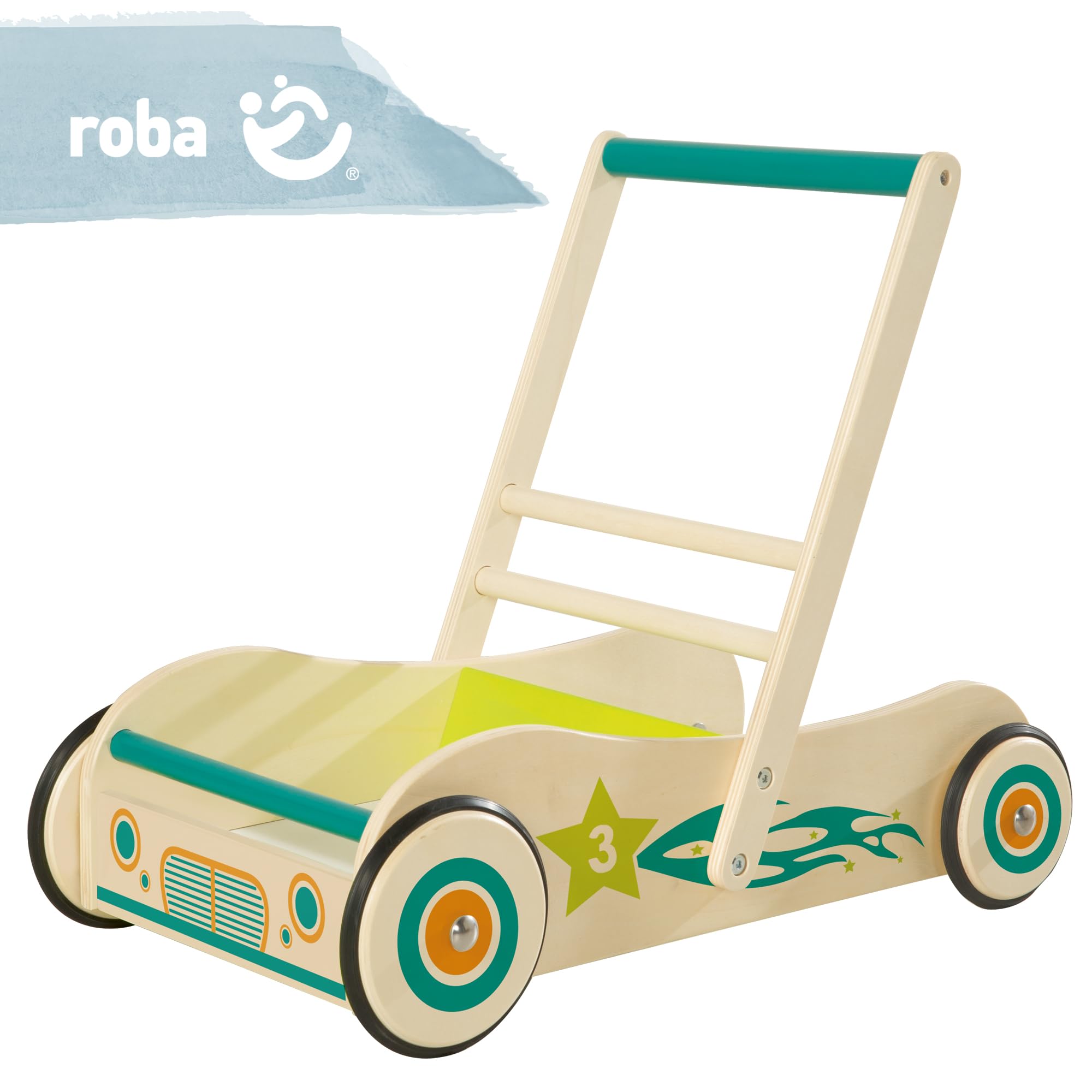 roba Trotteur Bébé "Rennfahrer" en Bois - avec Frein - Chariot de Marche - Hauteur Poignée 45 cm