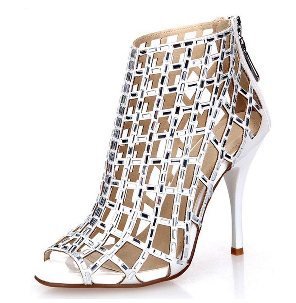Womens Rhinestone Ankle Bootie Prom Heeled Sandals Evening Dress Stiletto High Heel, White, 4 B(M) US