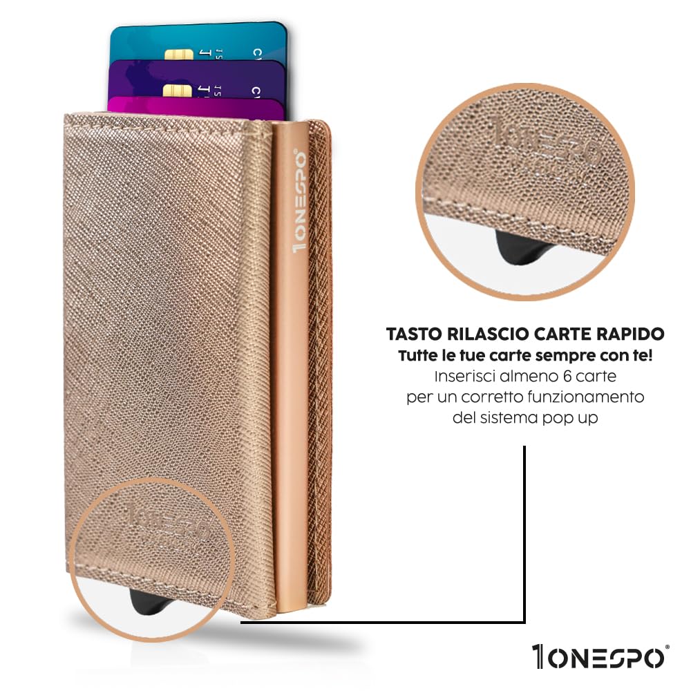 1ONESPO MAGNETIC Porta Carte di Credito Donna - Portafoglio donna piccolo con Portamonete e Contanti - Porta tessere e documenti - Portacarte protezione RFID, Vera Pelle Saffiano Oro