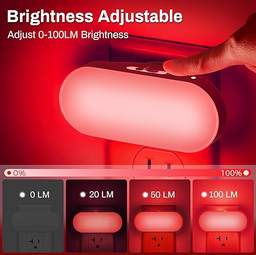 Miniatura 3 de DORESshop Luz nocturna roja, encendido/apagado automático, brillo ajustable de 0-100 lúmenes, enchufe regulable en la pared con sensor de luz