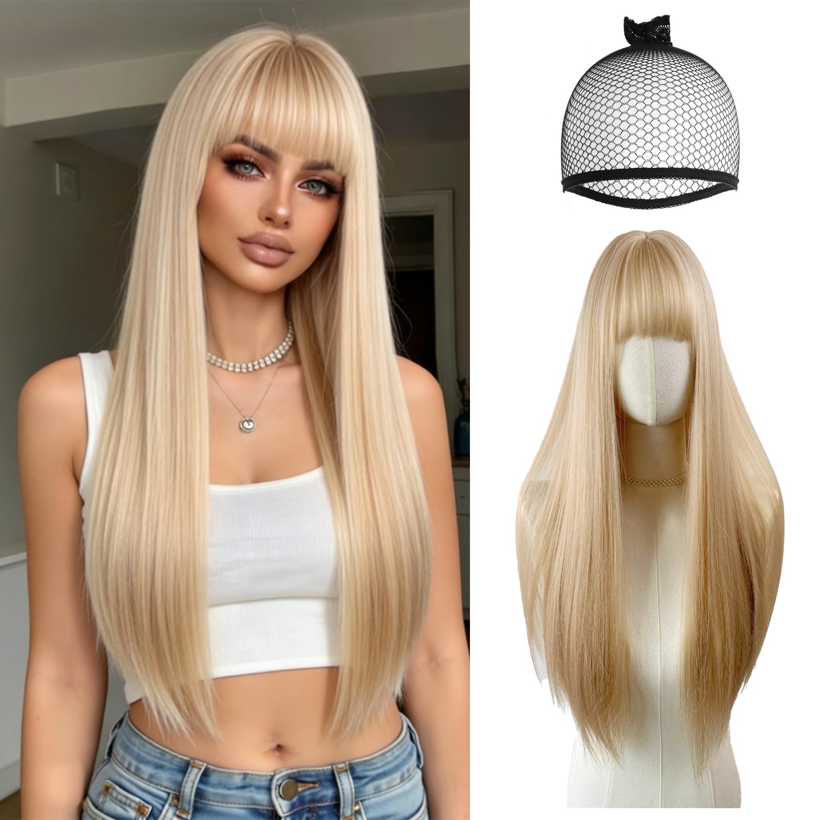 Parrucche Lunghe Lisce Bionde per Donne con Frangia, 70cm Parrucche Lunga Layered Lisci per Donna, Parrucca Naturale e Liscia Dritto Fibra Sintética Resistente per Cosplay Festa Uso Quotidiano
