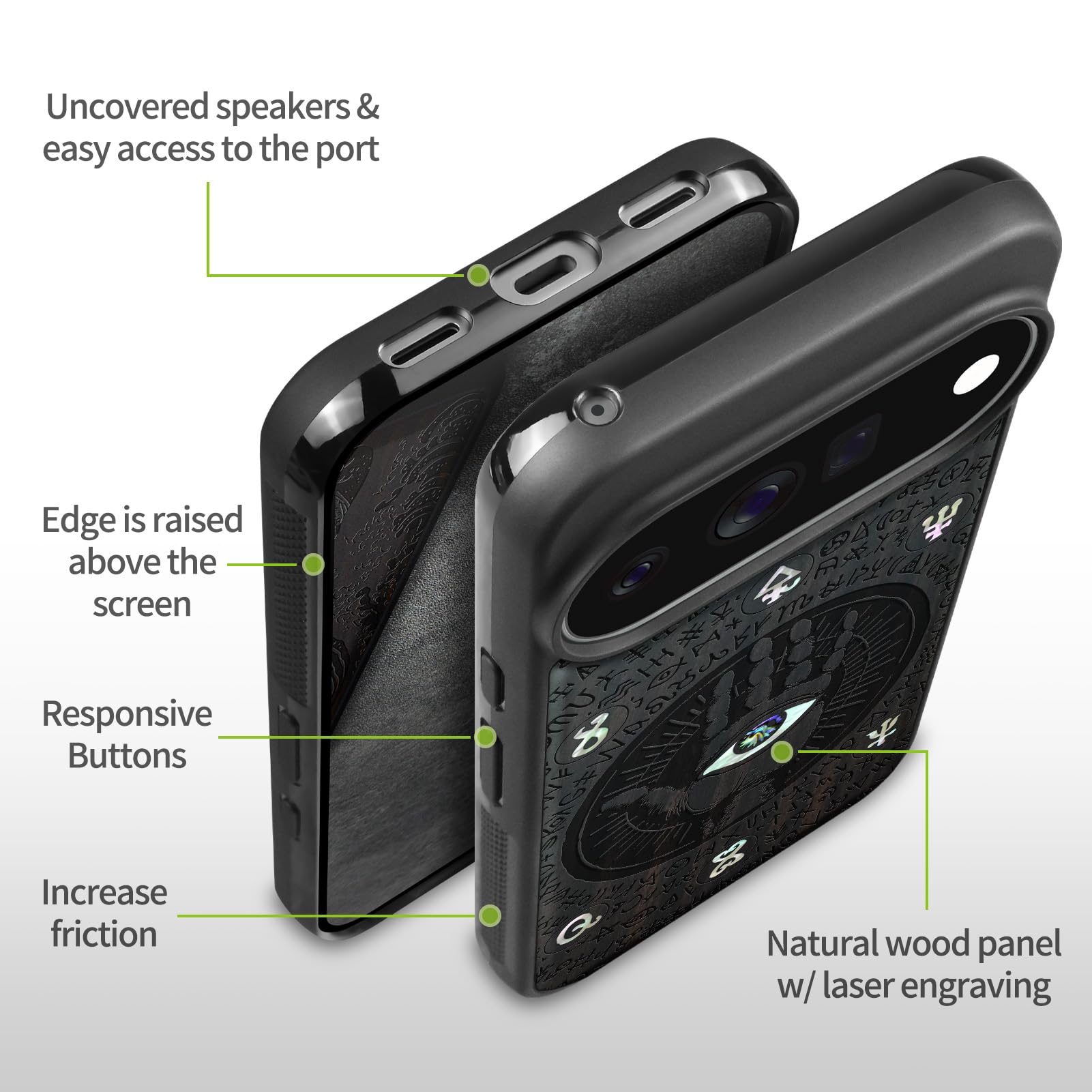 Carveit Madera Funda para Pixel 11 Pro XL (Oscura-El Enigmático Ojo)