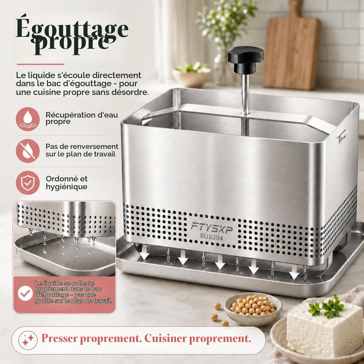 Presse à tofu réglable en acier inoxydable 304, avec bac d'égouttement et chiffon à fromage, sans BPA, passe au lave-vaisselle, presse à fromage pour tofu, paneer, fromage et légumes 16 x 13 x