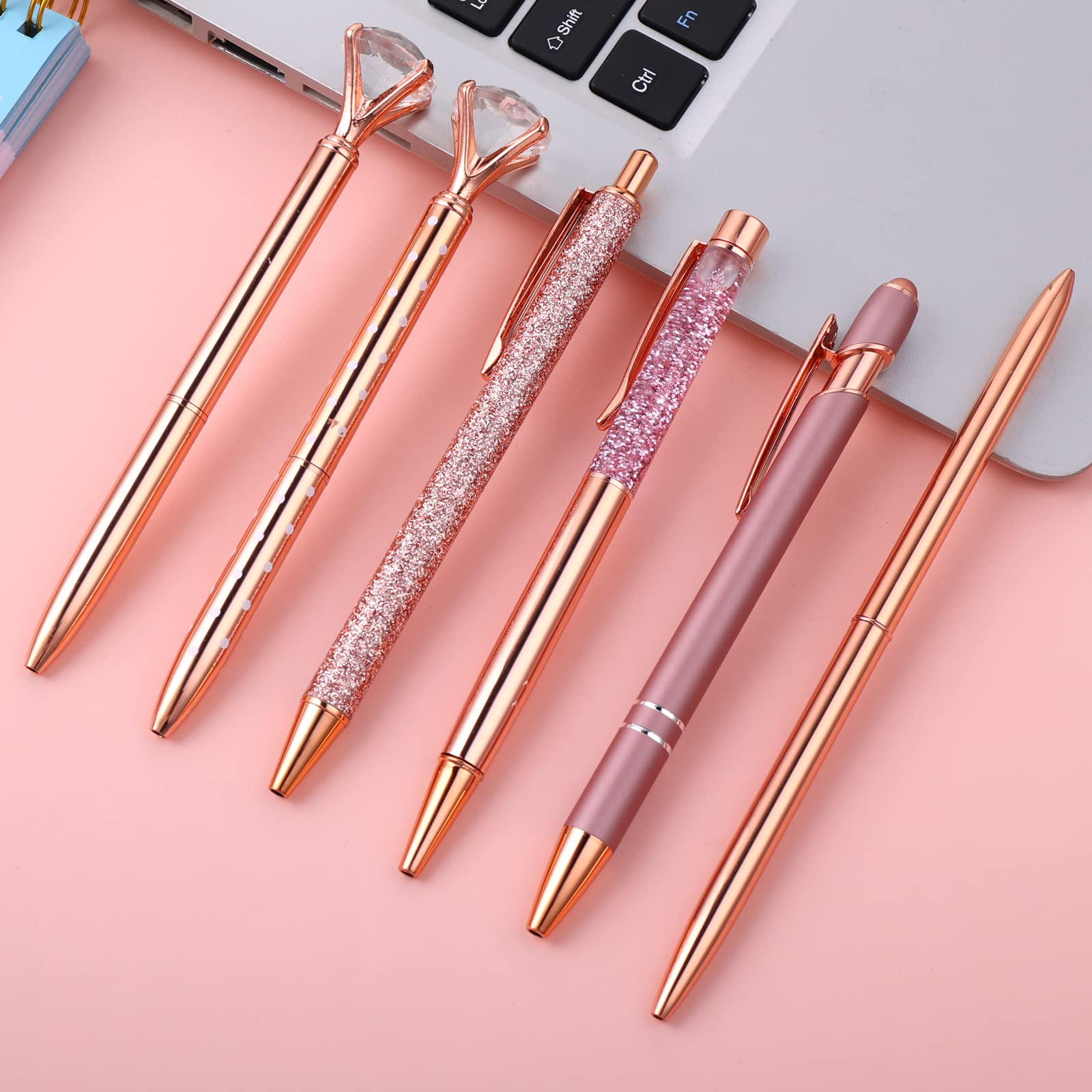 Set 6 Penne A Sfera Con Strass – Oro Rosa E Rosa, In Metallo, Design Con Diamanti E Cuori, Per Ufficio, Scuola E Regali Per Ragazze
