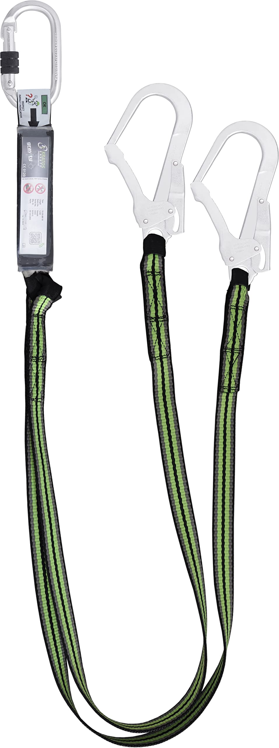 Kratos Safety Y-Verbindungsmittel aus Gurtband mit Falldämpfer, 1,80 m, mit Karabiner und Zwei Gerüsthaken, EN355, PSA