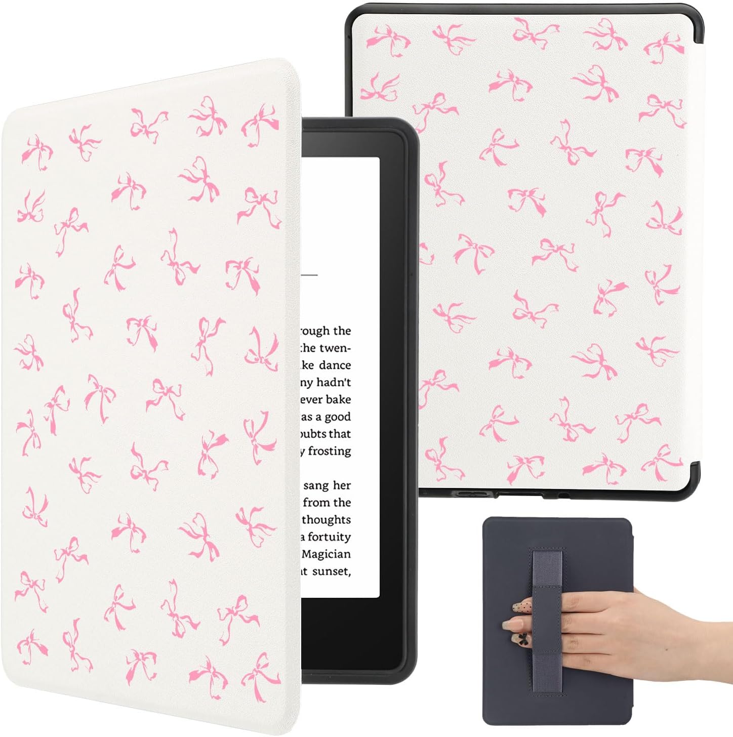 Pink Cute Bows Printed Case for 6" Kindle (11Th Gen 2024&2022) Kawaii Unique Design Cover with Hand Strap Auto Wake/Sleep Soft Slim Lightweight Pu Leather Shellcompatible with Kindle