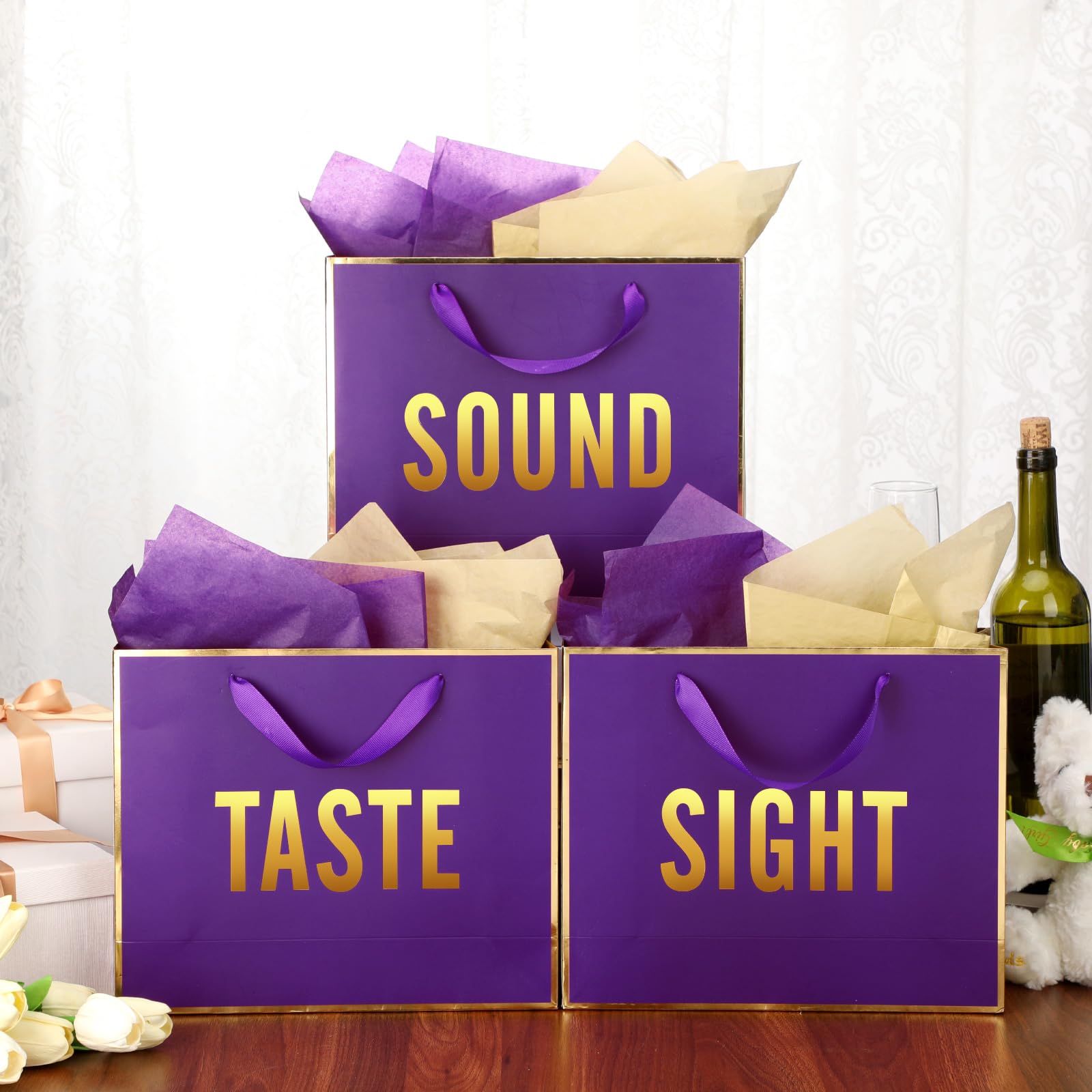Kolldenn 5 Senses Gift Bags for Him Her Five Senses Gift Bag with Ribbon Handles and Tissue Paper Present Wrappings for Valentine Wedding Birthday Mothers Day(Dark Purple,11.8 x 10 x 4 Inch)