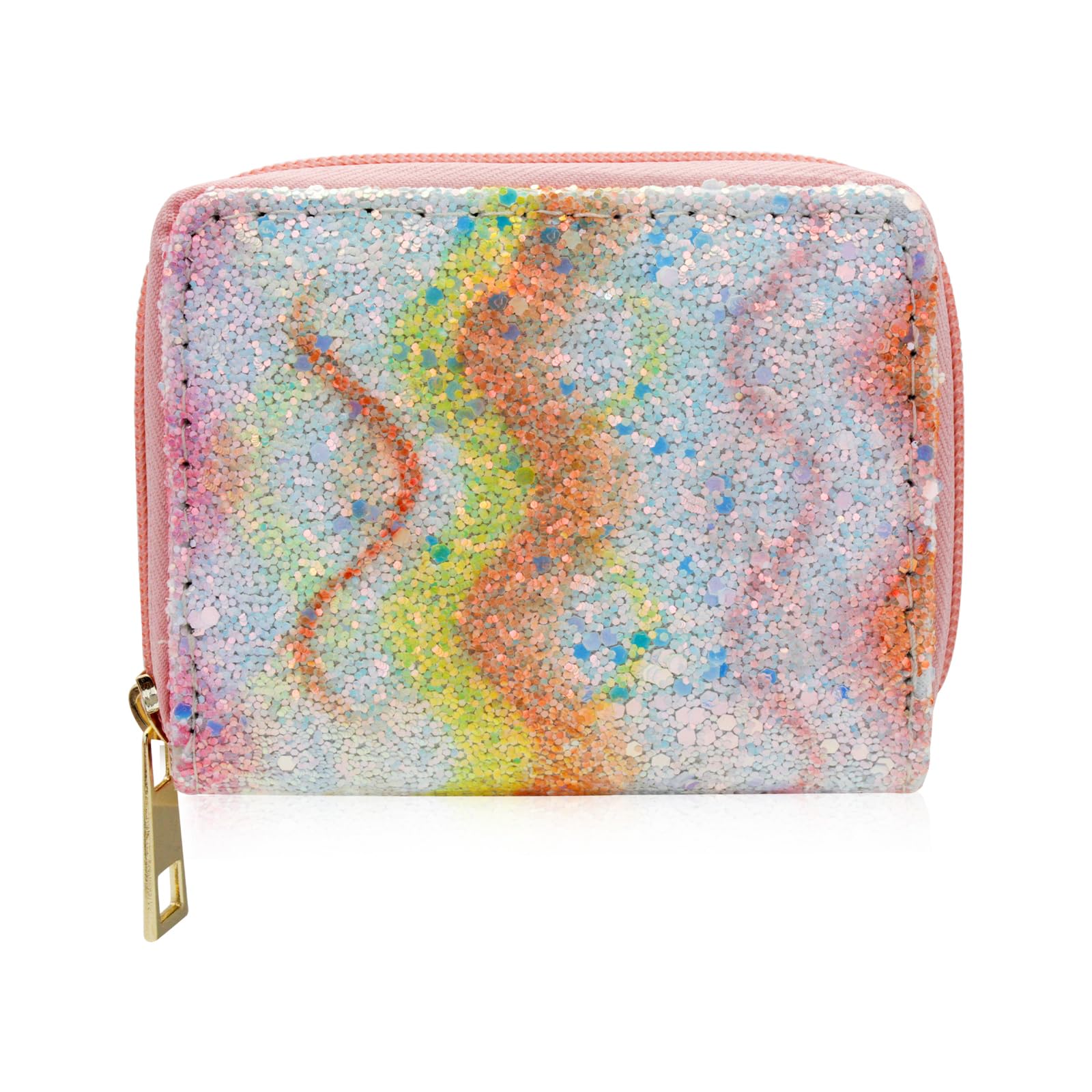 AdiStylinno Credit Card Holder, Colorful Card Case Wallet Shiny Short Rainbow Woman Wallet with 4 Card Slots and 2 Compartments (B)