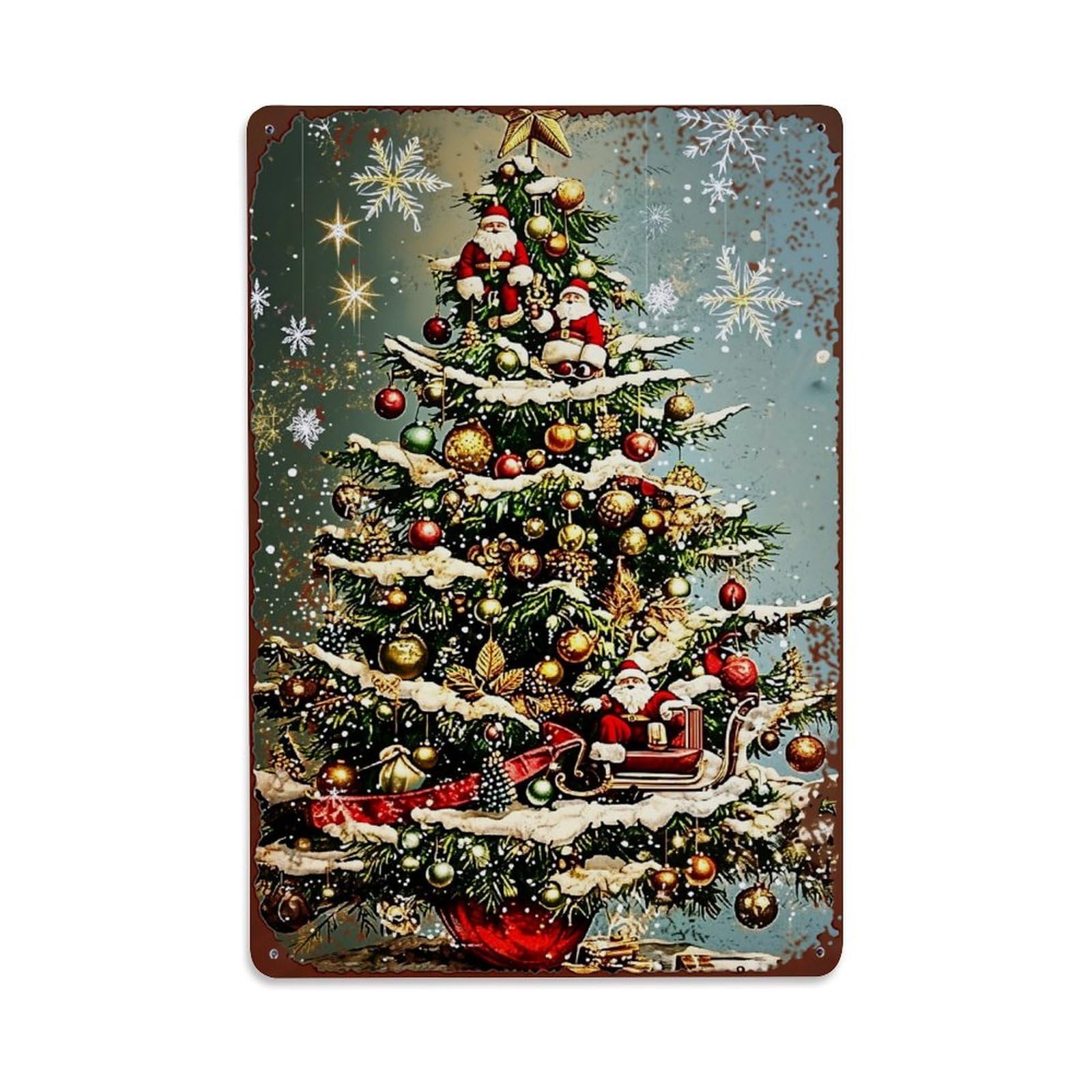 Jdyaojiesheng Vintage Christmas Tree Santa Sleigh Snowflakes Tin Sign Retro Metal Wall Decor Metal Poster, Home Bar Garage Farmhouse Cafe Wall Art Decoration 8X12inches
