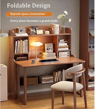 solid wood desk,Convertible Folding Desk with Bookshelf, Solid Wood Foldable Writing Table, 31.5 Home Office Computer Desk with Storage Shelves, Grey Study Table