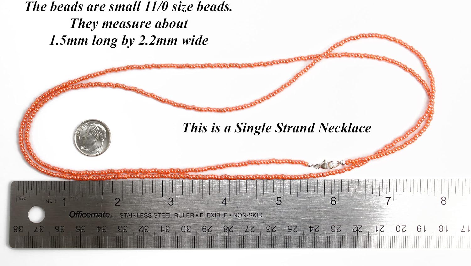 Handmade Orange Seed Bead Necklace, Thin 1.5mm Single Strand Pumpkin Orange Beaded Necklace