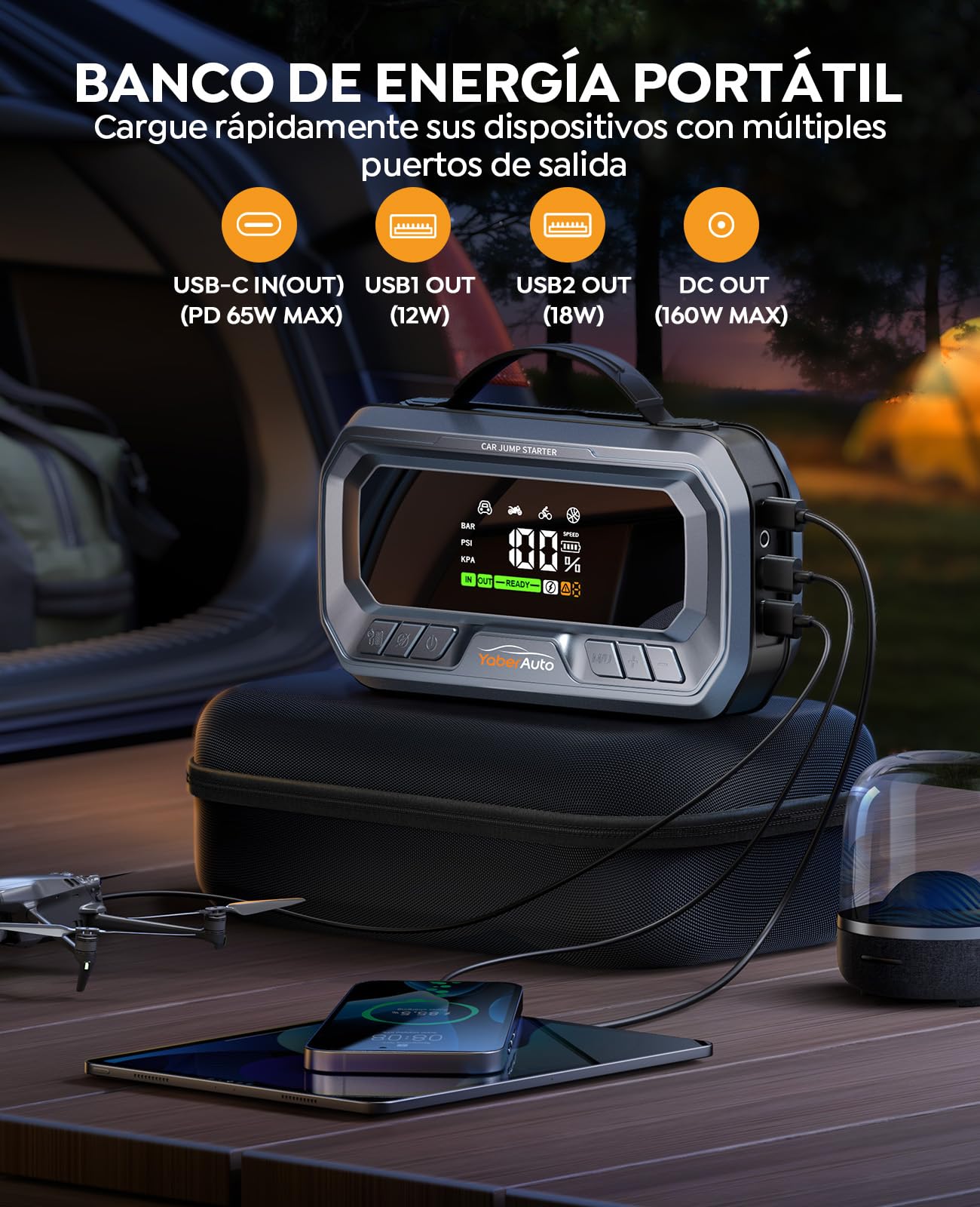 Arrancador de Baterias de Coche con Compresor de Aire, 8000A 160PSI YaberAuto Arrancador de Coche Portatil (Todo Gas/12,0L Diesel) con 65W Carga Rápida, Inflador, Pantalla Grande y Linterna LED