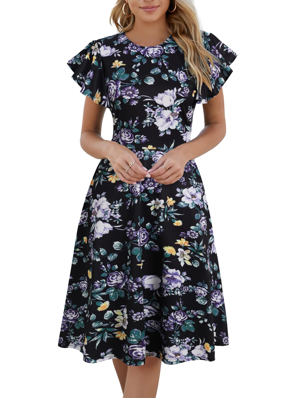 MSLG Women's Fit and Flare Ruffle Short Sleeves Dresses Work V-Back Cocktail Semi Formal A Line Dress with Pockets 842