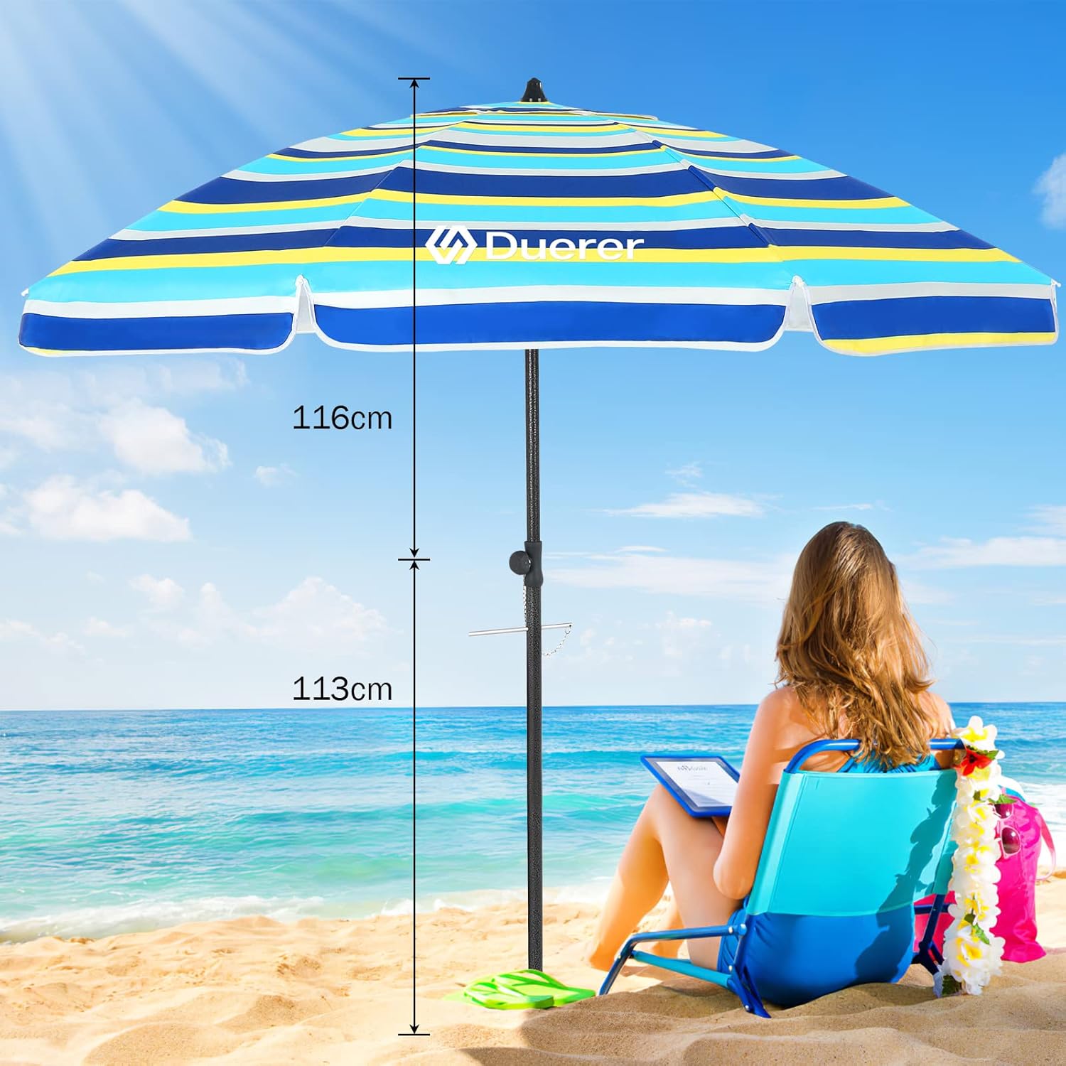 Duerer Beach Umbrellas, 8.5FT Beach Umbrella for Sand with Anchor Heavy Duty Windproof, Height Adjustable Tilt Iron Pole, Portable Beach Umbrella with Carrying Bag for Beach, Patio Garden Outdoor