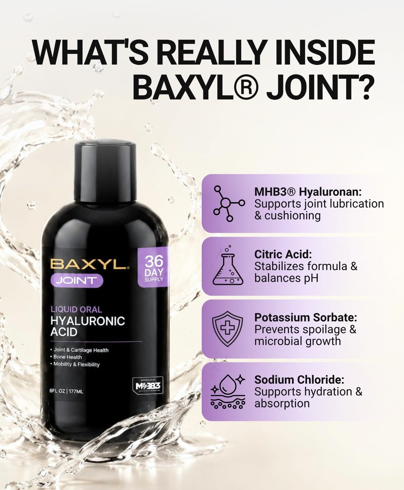BAXYL Liquid Hyaluronic Acid Supplement for Joint Health - Patented MHB3 Formula for Bone, Skin,Eye Health & to Restore Cartilage - Vegan, Gluten-Free, Non-GMO for Comfort - 30-Day Supply — Amazon image 2