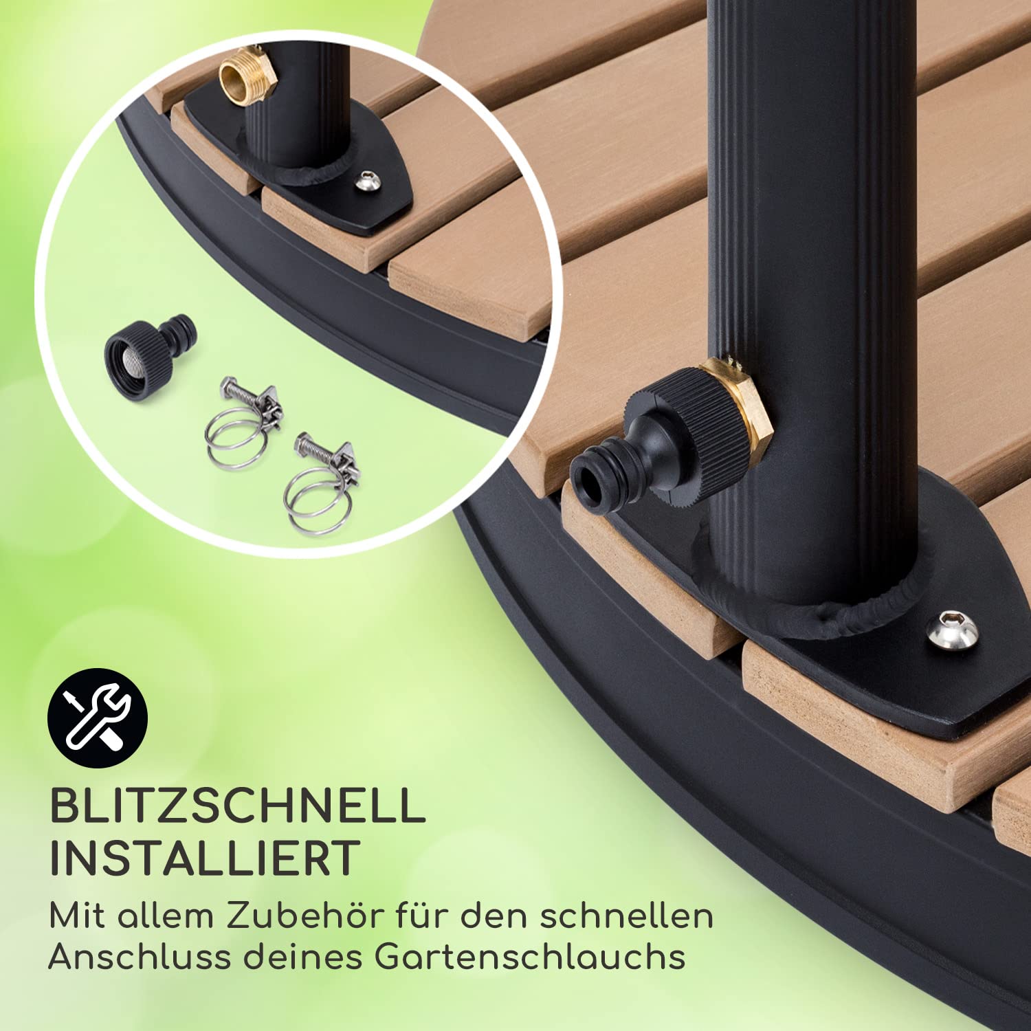 blumfeldt Mobile Gartendusche, Aussendusche für den Garten, Bodendusche mit Verstellbarem Duschkopf, Boden-Gartendusche mit Holz-Optik für Pool & Sauna, Außendusche Wasserdicht, Frost- & UV-Beständig