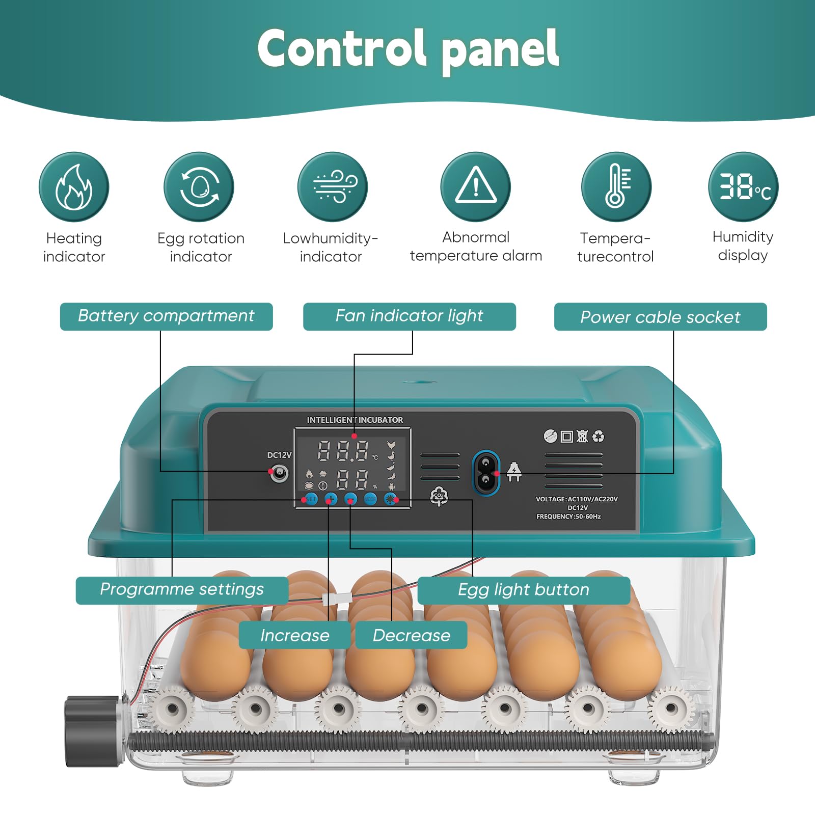 Incubadora totalmente automática para 36 huevos con control de temperatura y volteo automático, 4 modos automáticos, incubadora para pollos, patos, gansos, codornices, vista panorámica de 360° (Verde)