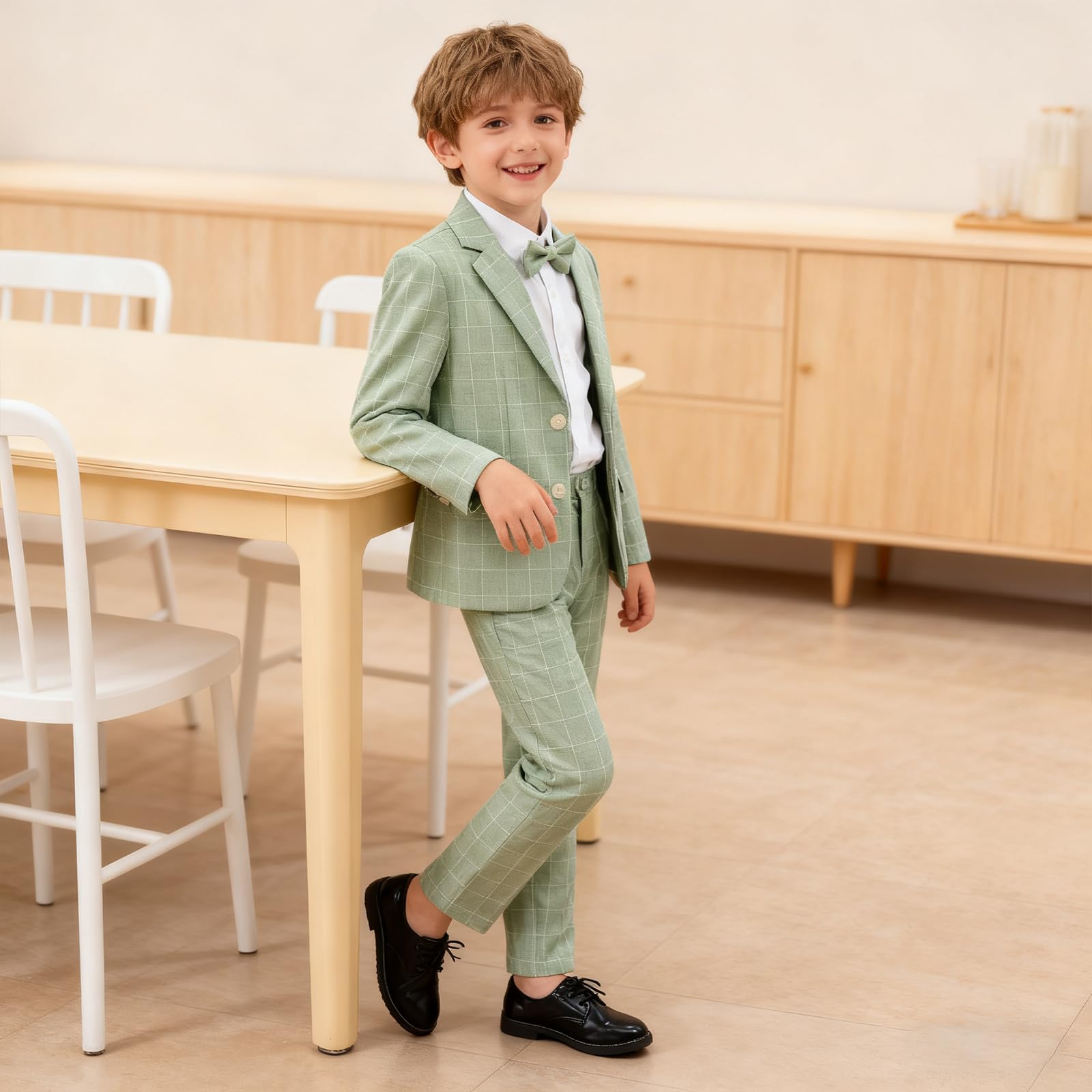LOLANTA 3-teiliges Jungen Plaid Anzug Set, Eleganter Blazer für Hochzeits-Abschlussball, Formelle Kleidung Jacken-Hose-Fliege Set