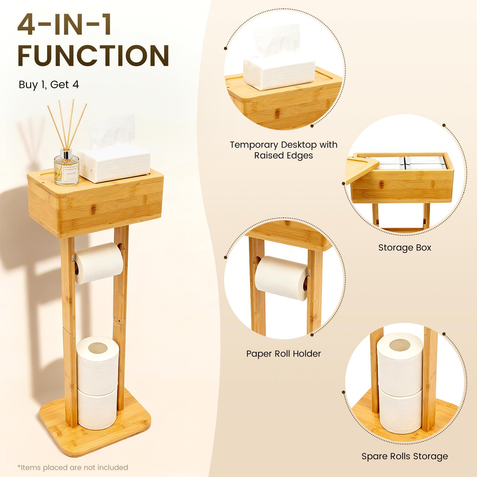 Portarrollos de papel higiénico de pie de bambú con almacenamiento, soporte de papel higiénico de bambú, soporte para papel higiénico con caja para toallitas húmedas (tapa de caja giratoria