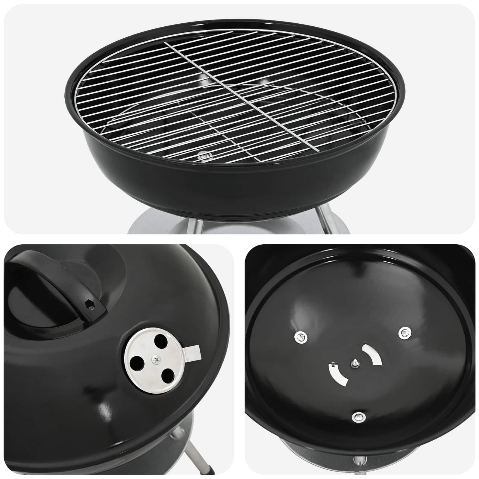Barbecue a carbonella nero, 36,5 x 36,5 x 40 cm, con coperchio pieghevole, contenitore per cenere, griglia per balcone, terrazza, giardino, all'aperto, campeggio, ideale per carne, verdure