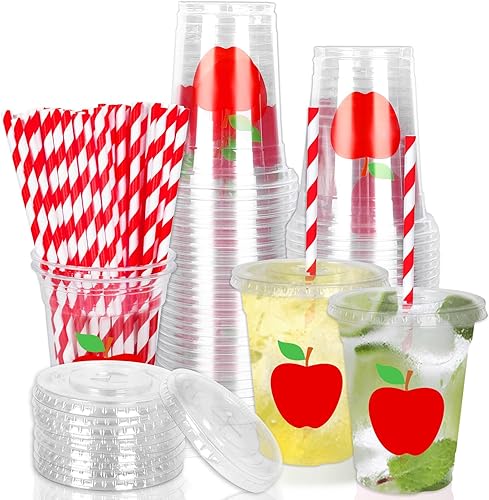 Vista 65 de Whaline 50 piezas de vasos de plástico desechables con cara feliz y pajitas con tapa de un tipo feliz 12 onzas, vasos de fiesta con cara feliz