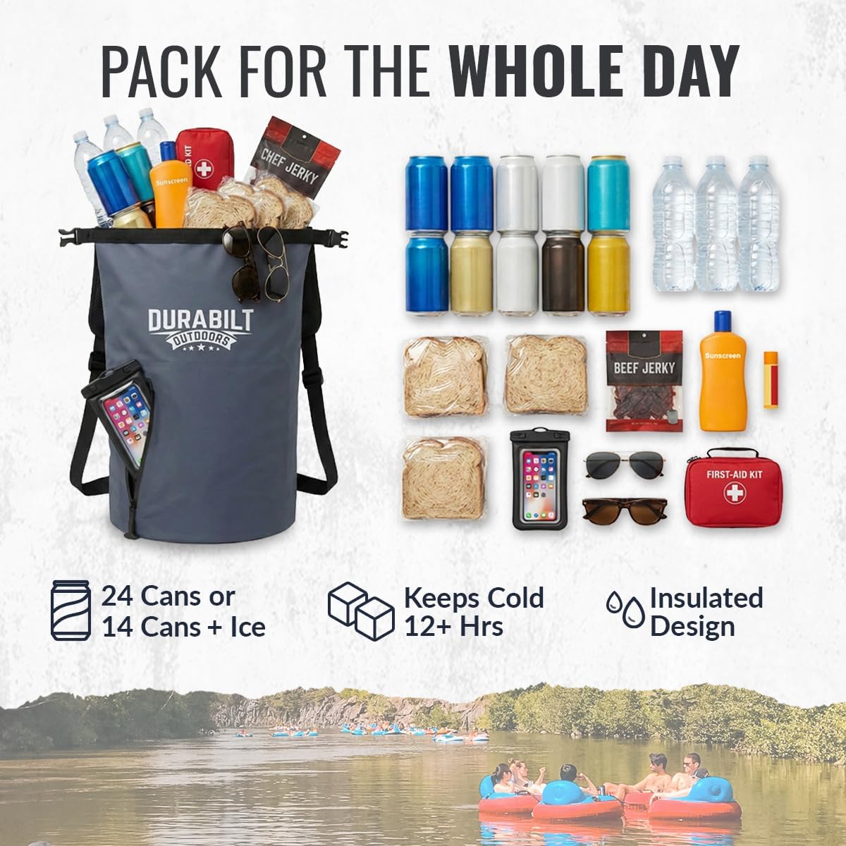 20L Waterproof Cooler Roll Top Backpack Sack, Heavy-Duty Soft Insulated Bag Doubles as Dry Bag, Holds 24 Cans...14+ with ice, Ideal for Boating, Fishing, Kayaking, Hiking, Beach, Camping