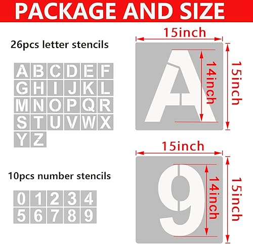 Miniatura 50 de YEAJON Plantillas y números de letras de 12 pulgadas, 36 plantillas de arte del alfabeto, plástico reutilizable para madera, pared, tela, roca