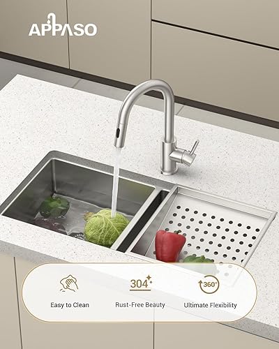 Miniatura 5 de APPASO Grifo de fregadero de barra, grifo de cocina de acero inoxidable con rociador extraíble, moderno grifo de arco alto de una sola manija, grifo