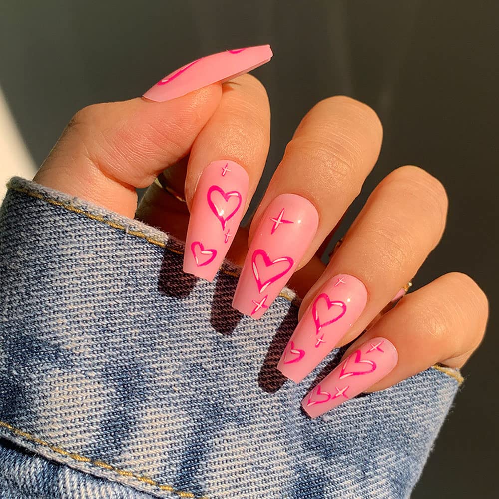 Amazon.com: Cute Press on Nails Medium Length Coffin Pink Heart Fake Nails  False with with Glue Nails Tips Design Full Cover Acrylic Fake Nails kit  for Women and Girls 24Pcs : Beauty