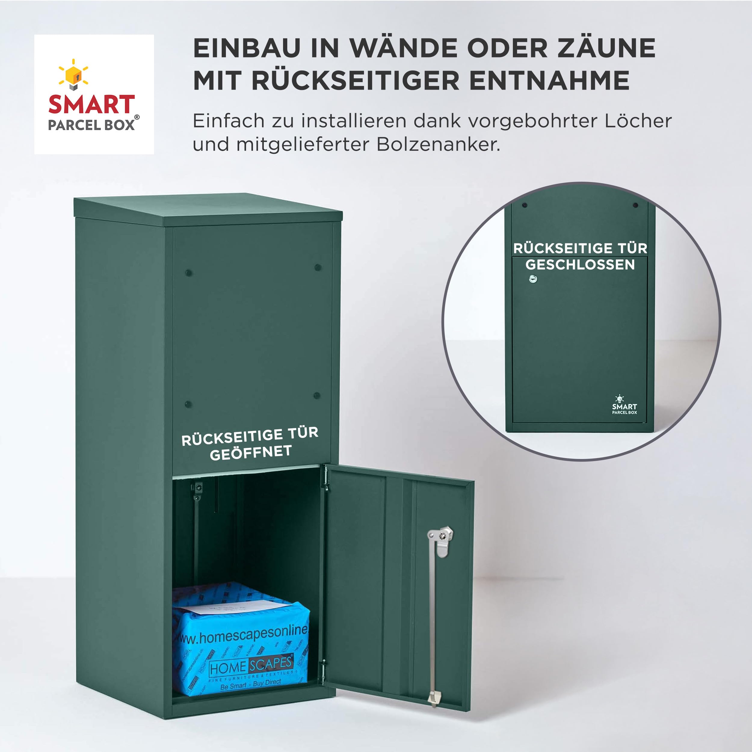 Smart Parcel Box Paketbox L - Briefkasten mit Paketfach wetterfest, grün | Paketbriefkasten, Paketbox draußen, Entnahme hinten & vorne, Standbriefkasten, rostfrei, verzinkter Stahl, pulverbeschichtet