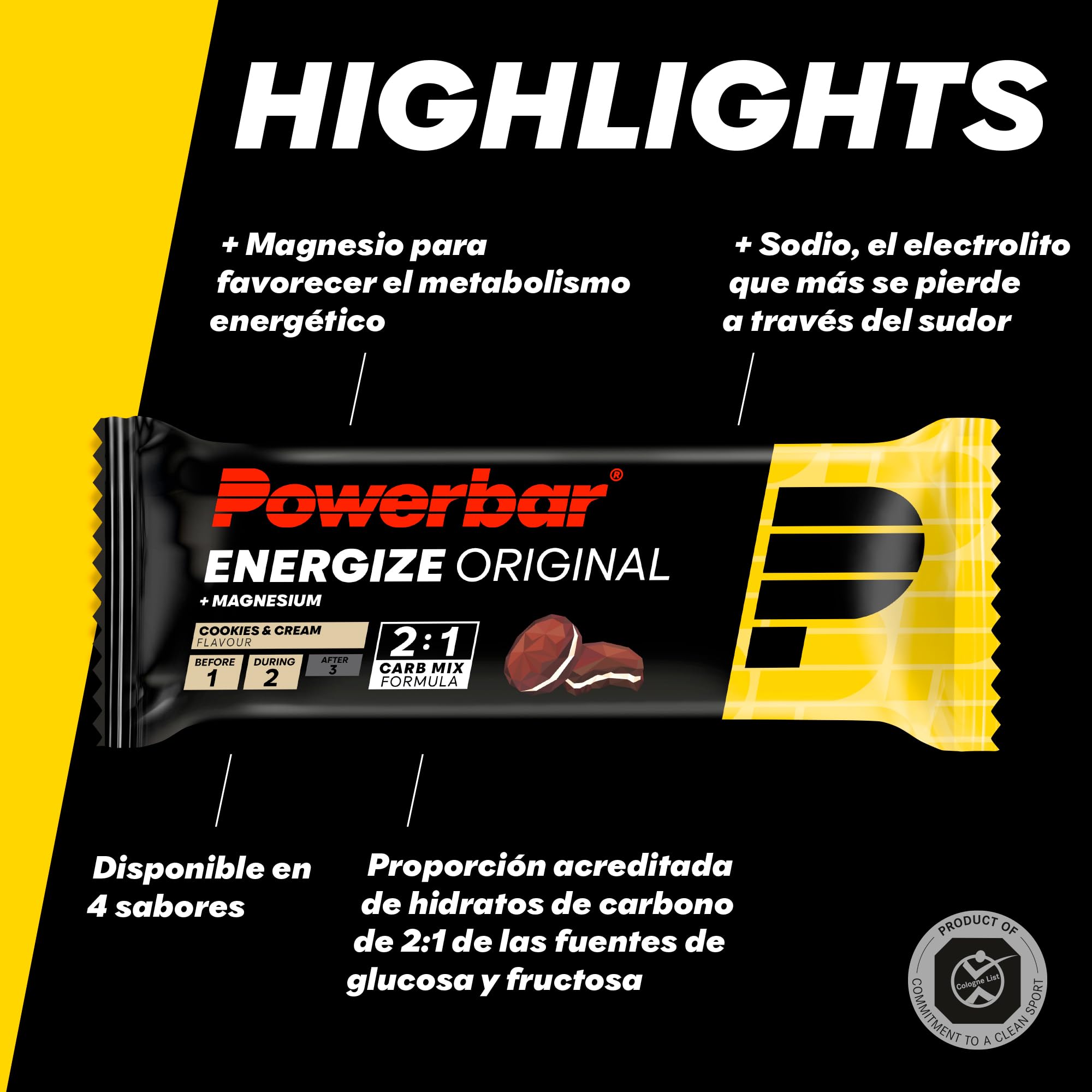 Powerbar - Energize Original - Cookies&Cream - 15x55g - Barritas energéticas altas en carbohidratos - Magnesio y sodio