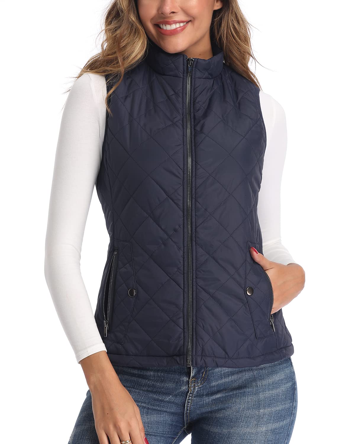 LONGKING LK Women's Padded Vest, Stand Collar Lightweight Zip Quilted Gilet Dark Blue XS