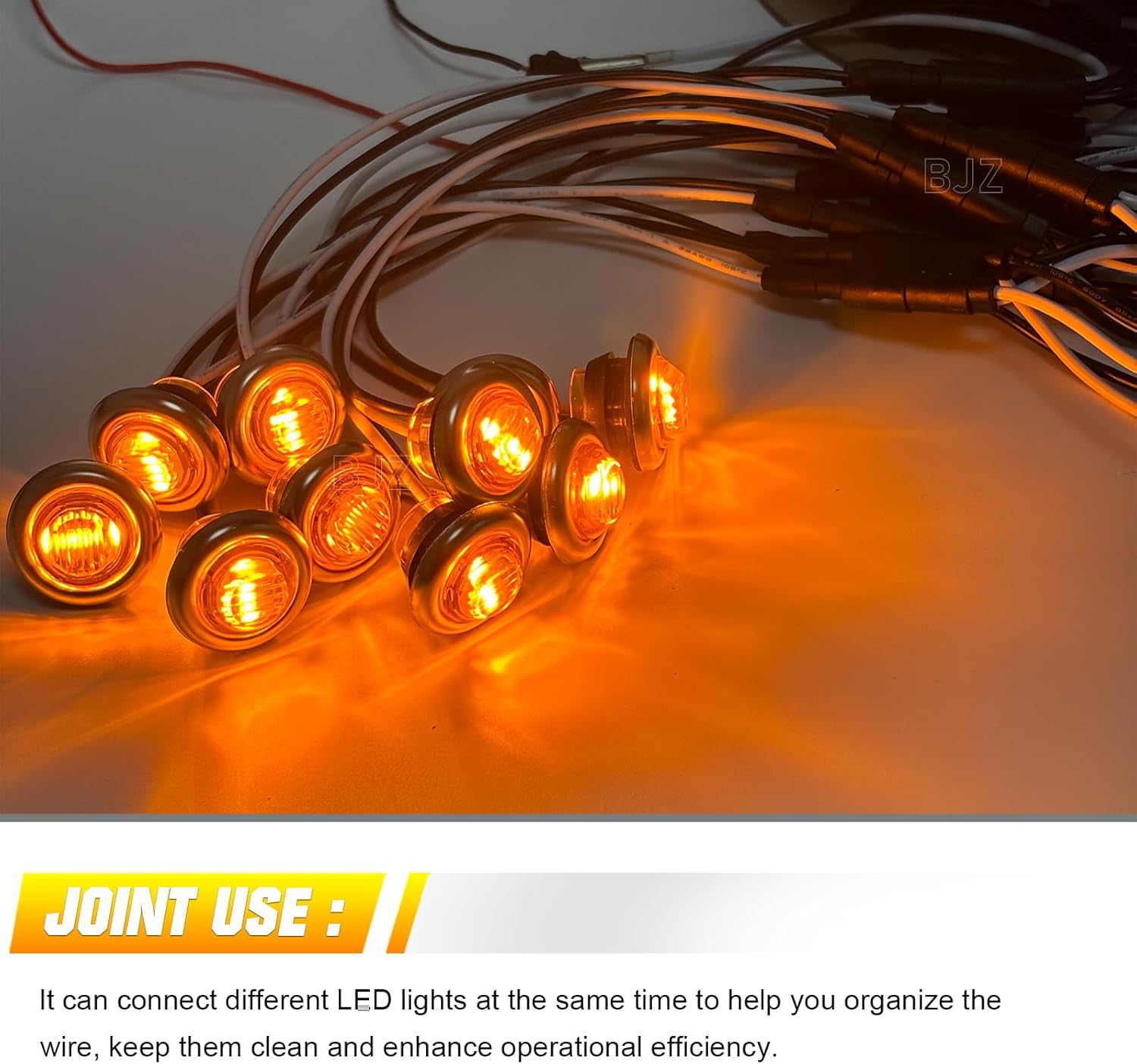 BJZ 20Pcs Amber 3/4'' Trailer LED Marker Side Clearance Tail Round Lights w/Connector Plug + 20Pcs 3/4" Round Stainless Steel Trim Ring Bezels + 20 Counts 2-PIN Female Bullet Plug Wire Harness Roll