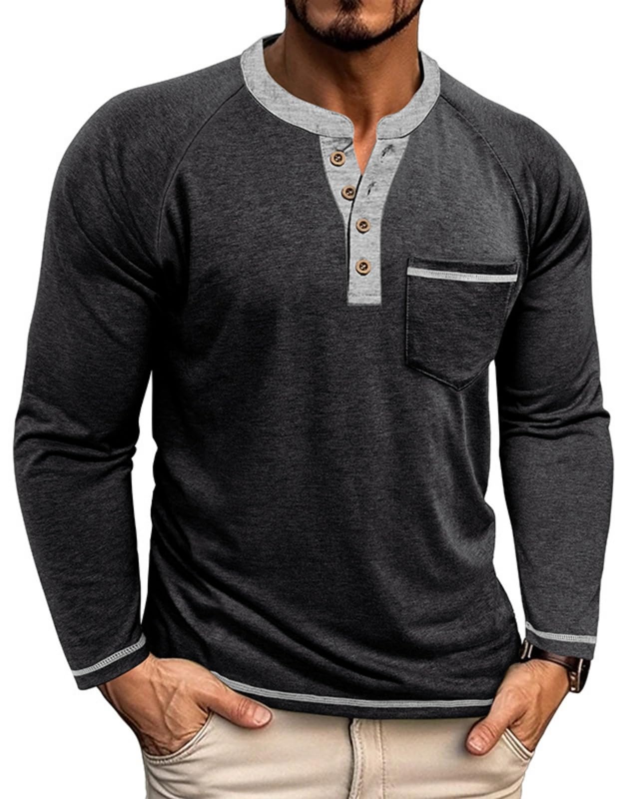 LAOARA Henley Shirt Herren Langarm T Shirt Lässiges Langarm Shirts für Herren mit Knopfleiste