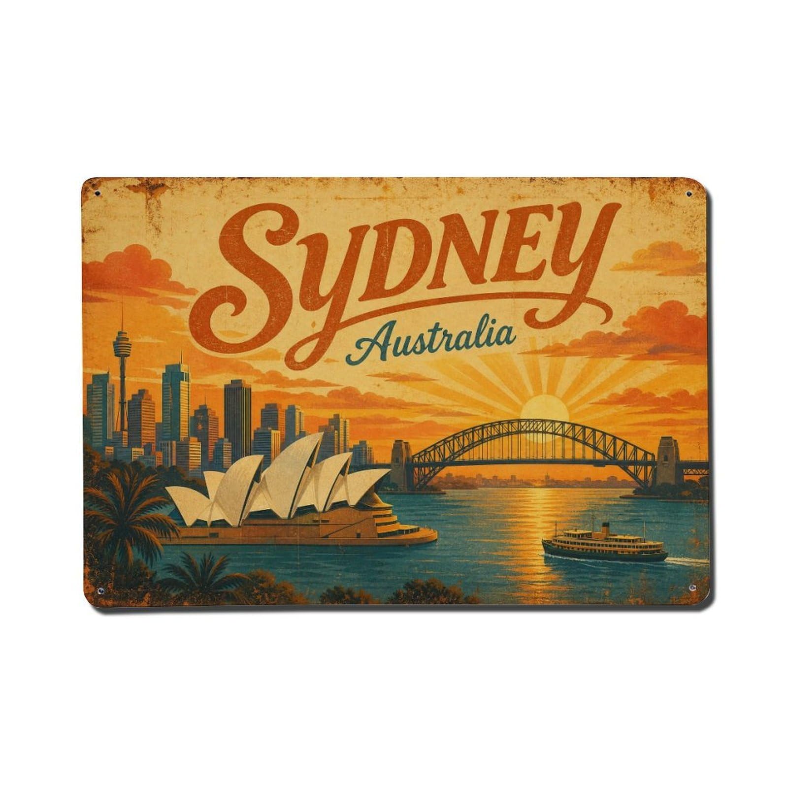 Sydney Australia Coastal Sunrise Harbor Retro Travel Metal Tin Sign