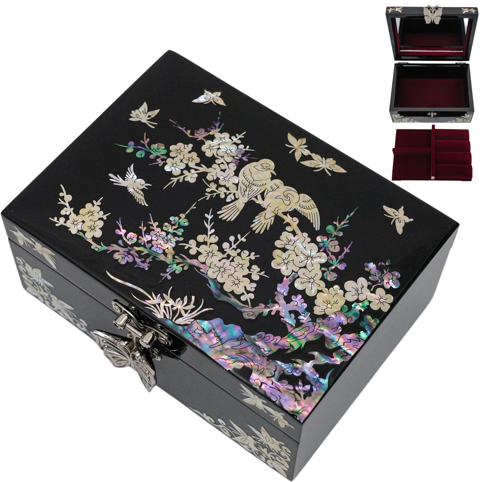 February Mountain Mother of Pearl Jewellery Box with Ring Tray - Gifts for Women Birthday Wedding Mother's Day Christmas Graduation Gifts (Birds)