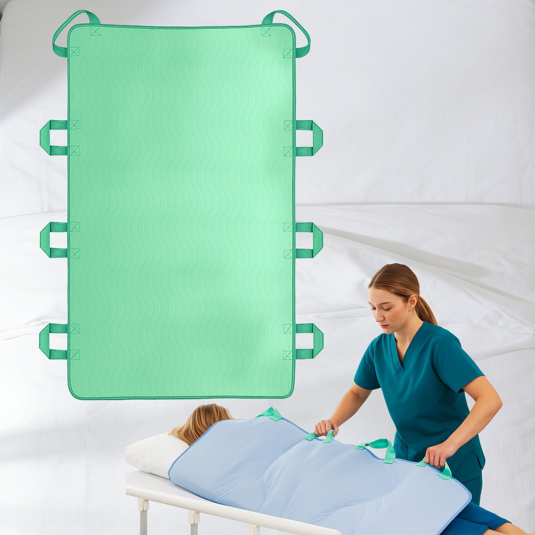 Tapis de positionnement réutilisable avec 8 poignées, 86 × 132 cm, imperméable, absorbant jusqu’à 350 ml, séchage rapide, charge jusqu’à 180 kg, pour retournement et repositionnement au lit