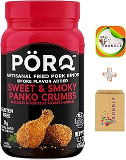 PORQ Sweet & Smoky Pork Rind Panko Crumbs, Gluten-Free, Keto Friendly, 10.5 oz Canister, 21 Servings, Perfect for Keto Diet & Celiac Sufferers, Low Carb Bread Crumbs Pack of One + CreateAndBundle Sticker