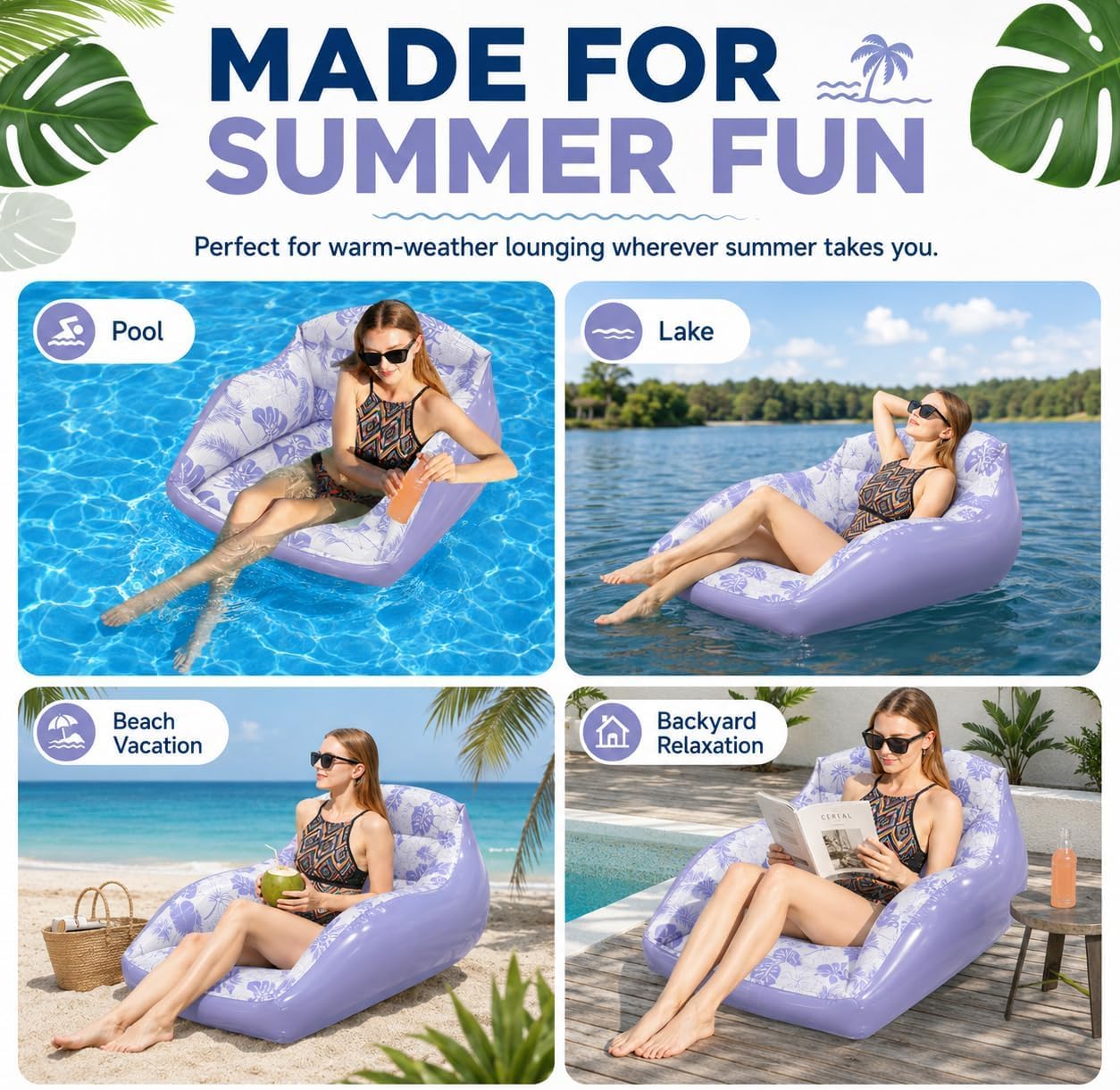 Tumbona Inflable Para Piscina Para Adultos Con Portavasos | Silla Flotante Para Piscina Con Portavasos Y Asiento De Malla Refrescante, Tumbona Flotante Con Estampado Tropical Y Respaldo Para 2