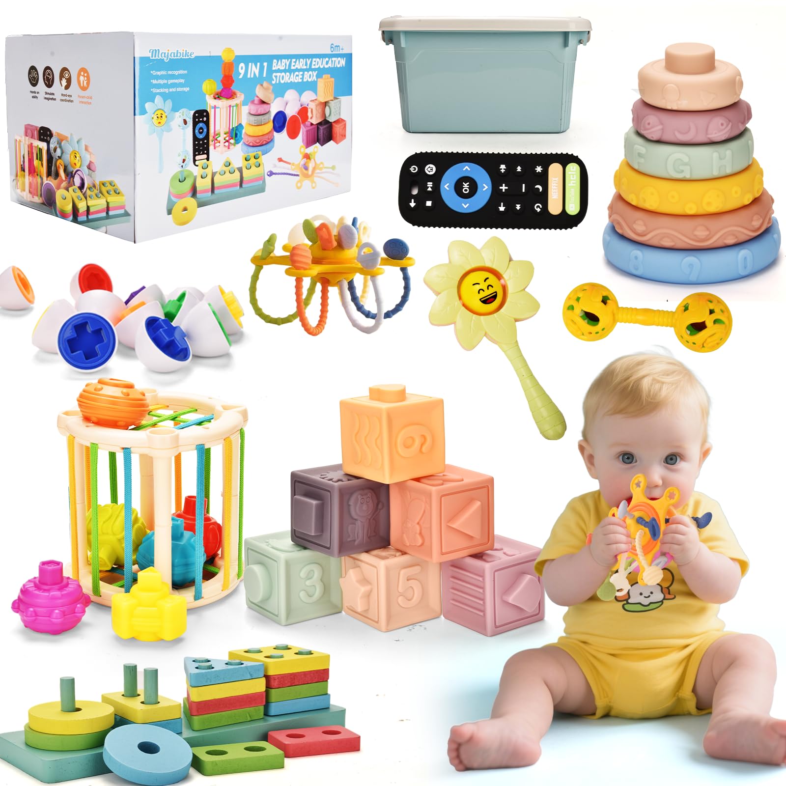 Majabike Juguetes Montessori para bebés de 6 a 12 Meses, para 9 en 1, Juguetes para niños pequeños, Bloques de construcción educativos para niños de 1 año, sensoriales para bebés