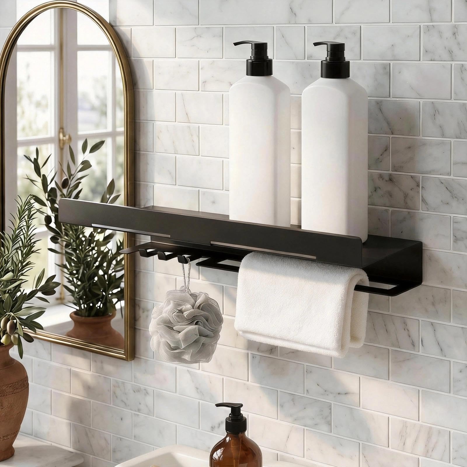 WJUAN Bathroom Shelf Black 40cm Wall Mounted Shower Shelf with Hooks