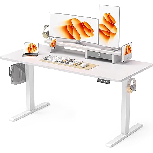 55x24 Inches Electric Standing Desk with Drawer and Monitor Stand, Height Adjustable Stand up Desk for Home Office, Ergonomic Sit to Stand Table with Phone Holder, 3 Hooks, White