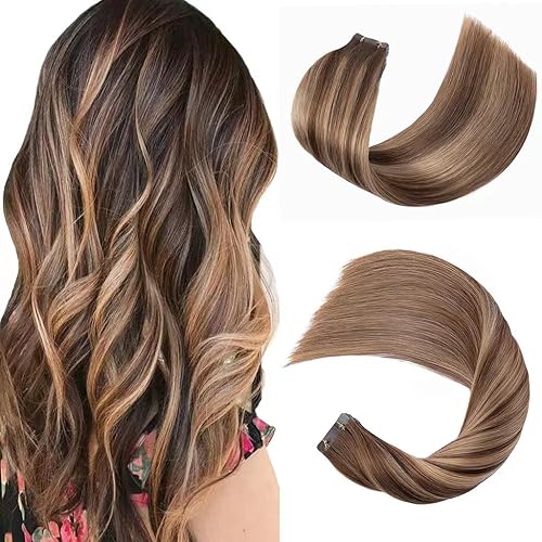 FIREHAIR Tape in Hair Extensions Human Hair 4P27 Highlight Honey Blonde Ombre Color Hair Extensions Human Hair Silky Natural Straight Authentic Virgin Hair Extensions 50g 21pcs 18Inch 4T4p27