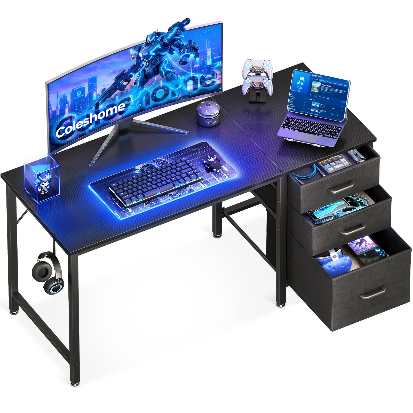 Coleshome Schreibtisch mit Schubladen aus Stoff, Computertisch Bürotisch mit Kopfhörer Halter, Umkehrbarer PC-Schreibtisch Bürotisch für Home Office